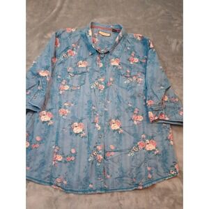 Legacy Falls Pearl Snap Shirt Chambray Floral Roses Womens Sz XXL 2XL Cotton